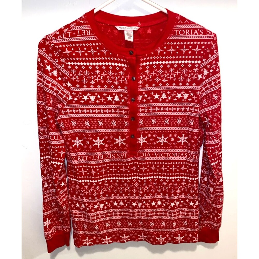 VICTORIA'S SECRET size S RED WHITE HOLIDAY WAFFLE HENLEY SLEEP TOP THERMAL